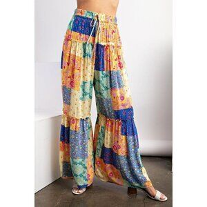 Easel Lost in Love Patchwork Boho Pants in Lemon Blue
